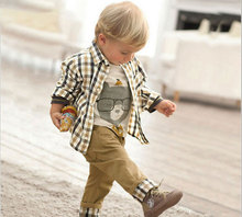 2015 New Spring Kids 3pcs Clothing Sets for Boys European Style Plaid Character Suits T shirt