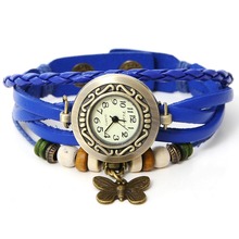 2015 Crazy saleTop Quality Women Leather Vintage Bracelet  big round Watch Wristwatches butterfly pendant Retro Watch