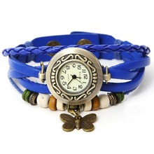 2015 Crazy saleTop Quality Women Leather Vintage Bracelet big round Watch Wristwatches butterfly pendant Retro Watch