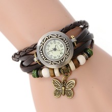 2015 Crazy saleTop Quality Women Leather Vintage Bracelet big round Watch Wristwatches butterfly pendant Retro Watch