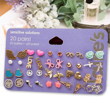 Fashion accessories mixed stud earrings pack set 20 pairs bird Icecream stars cross flower love heart