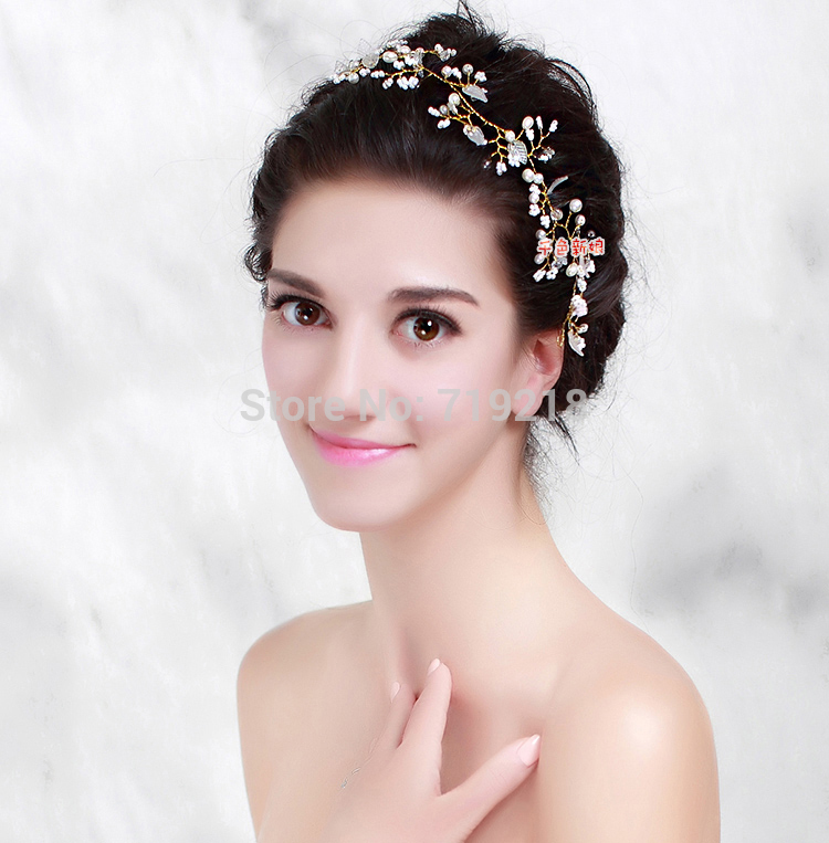 Handmade Bride Golden Crystal Pearl Flower Hairband Wedding Hair Accessories Luxury Tiara Bridal Headband