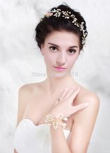 Handmade Bride Golden Crystal Pearl Flower Hairband Wedding Hair Accessories Luxury Tiara Bridal Headband