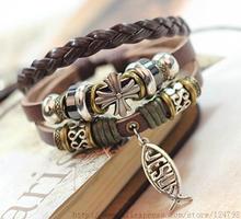 Fish bracelet new style beaded Jesus cross alloy jewelry leather bracelet