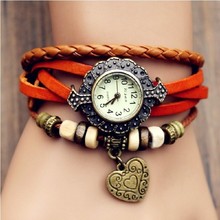 2015 Crazy saleTop Quality Women Leather Vintage Bracelet Watch Wristwatches lucky heart  Pandent Retro Watch