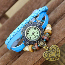 2015 Crazy saleTop Quality Women Leather Vintage Bracelet Watch Wristwatches lucky heart Pandent Retro Watch