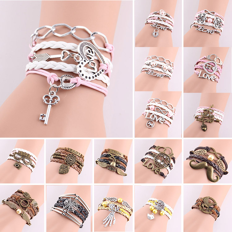 New Fashion Womens lock hearts key hunger games birds charm Bracelet Infinity pink pearl love Leather