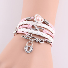 New Fashion Womens lock hearts key hunger games birds charm Bracelet Infinity pink pearl love Leather