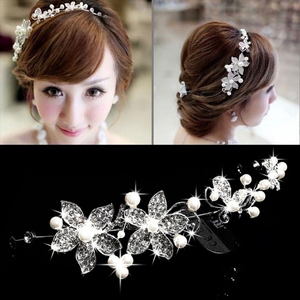 New Brand Crystal Pearl Bridal Headband Beauty Bridal Head Flower Headwear Wedding Tiara Silver E CH