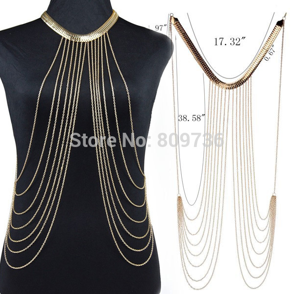 2015 New Sexy Punk Multilayer Gold Tone Long Tassel Body Chains Necklace Fashion Bikini Harness Beach