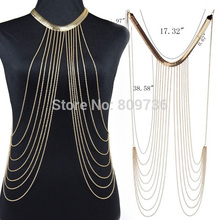 2015 New Sexy Punk Multilayer Gold Tone Long Tassel Body Chains Necklace Fashion Bikini Harness Beach Jewelry for Women Free