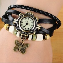 Retro leather bracelet jewelry butterfly quartz Vintage brand watch ladies watches WY030