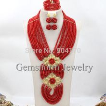Red African Beaded Fashion Jewelry Set Luxury Indian Jewelry Set 18k Gold Plated Jewelry Free Shipping