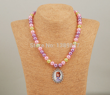 Color Beaded Princess Sofia Charater image Pendant necklace With elastic Baby girl jewelry Free shipping