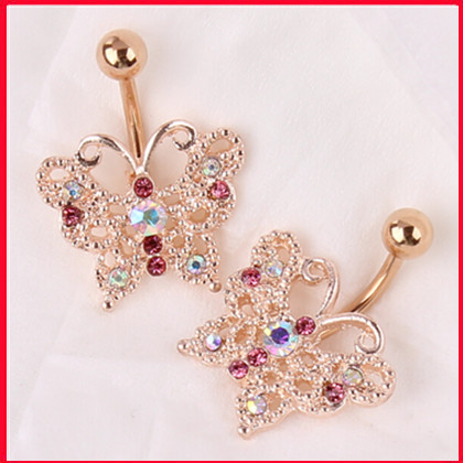 Gold belly navel piercing Barbell Butterfly body piercing jewelry crystal dangle Surgical Steel belly rings navel