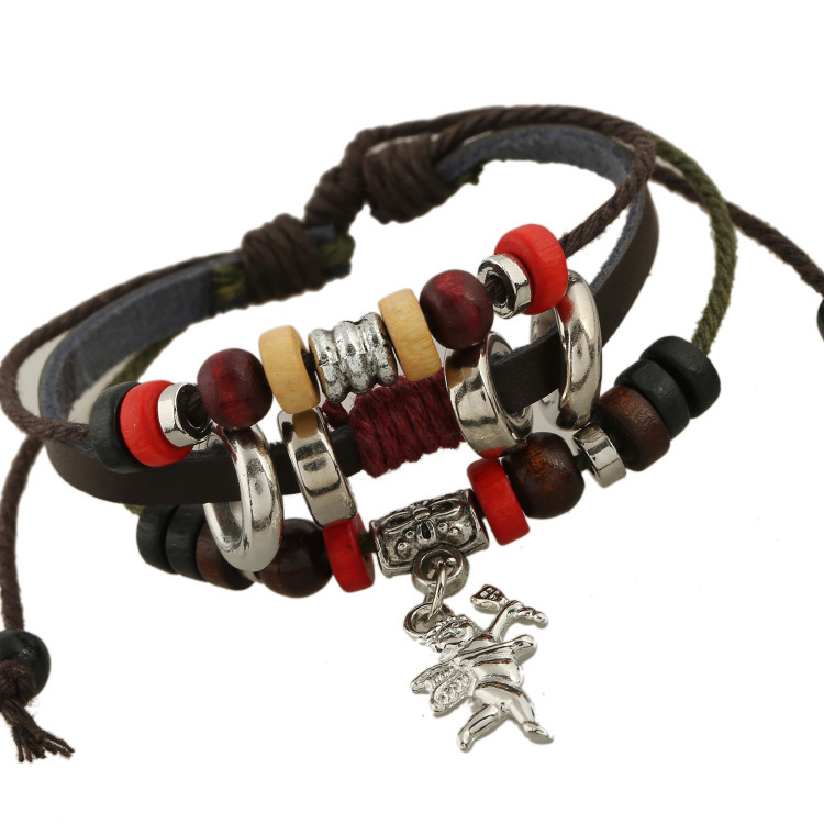 Free Ship 2014 New Fashion Vintage Leather Handmade Bracelet Cupid Arrow Pendant Full Of Beads Punk