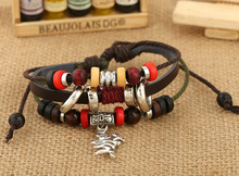 Free Ship 2014 New Fashion Vintage Leather Handmade Bracelet Cupid Arrow Pendant Full Of Beads Punk