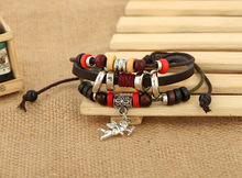 Free Ship 2014 New Fashion Vintage Leather Handmade Bracelet Cupid Arrow Pendant Full Of Beads Punk