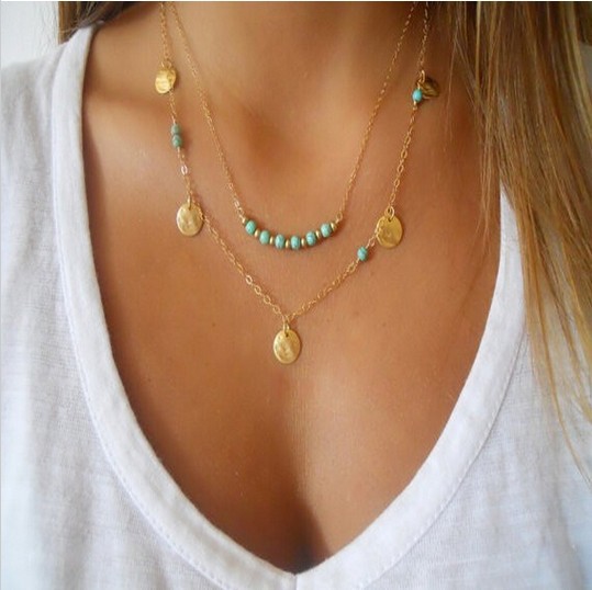 New Fashion Simple Collar 18K Gold Multilayer Chains Pearl Turquoise Bead Sequins Punk Necklaces Pendants For