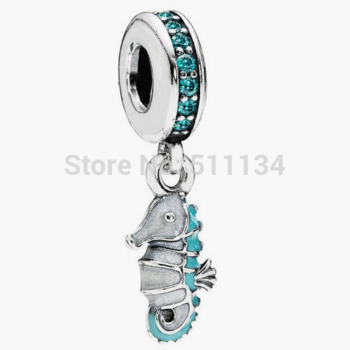 925 Sterling Silver Bead Fit Pandora Bracelet Authentic Jewelry European Charm Seahorse Dangle Teal CZ Turquoise