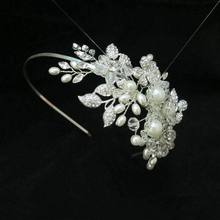 2015 Top quality Hand Made Unique Rhinestone Leaf Clear Crystal Bridal Wedding Party Women Accessories pearl Hair Tiara Headband