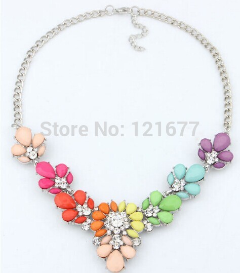 New Women Accessories Statement Necklace Crystal Flower Bib Chunky Choker Collar Pendant Silver Chain Korean Style