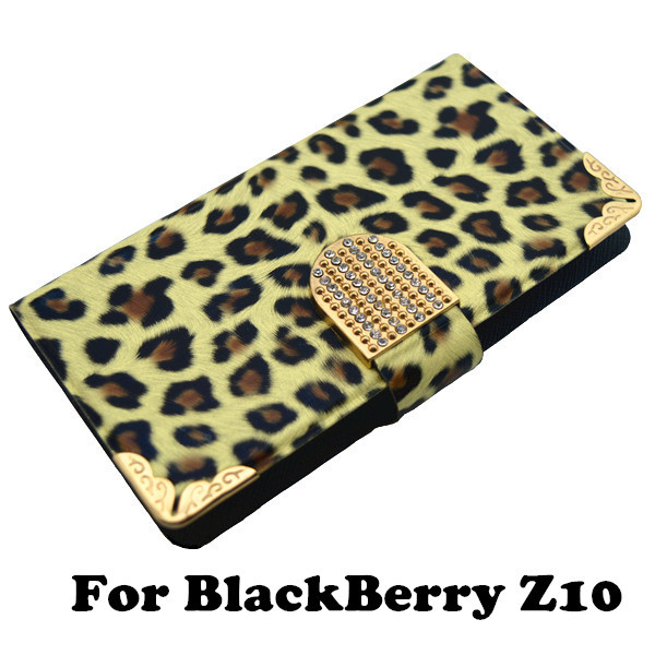 Luxury Bling Leopard Print Wildlife Leather Wallet Flip Stand Universal Case for BlackBerry Z10