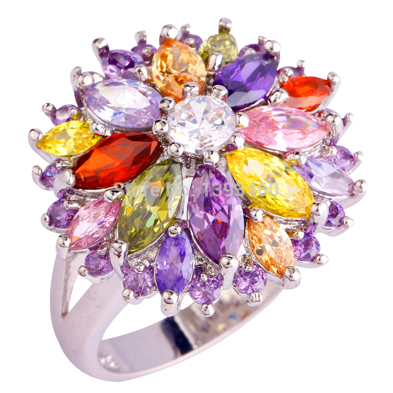 2015 Fashion Women Sparkling Multi Color Stone 925 Silver Ring Size 7 8 9 10 New