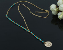 Simple gold silver chain hand turquoise beaded pendant long necklace for women 2015 fashion fine jewelry