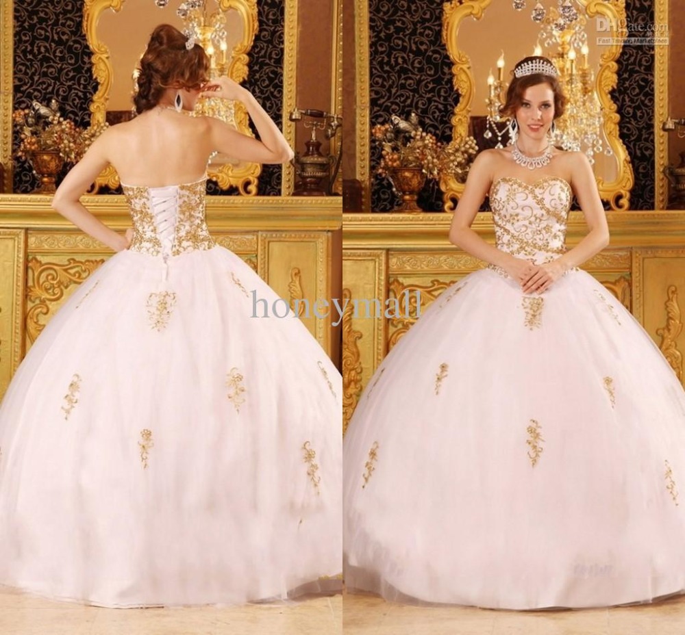 Gold Appliqued Ball Gown Sweetheart White Quinceanera Dresses ...