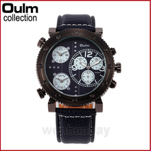 OULM New Big Dial 3 Time Zone Men Military Quartz Cool Leather Band Wrist Watch