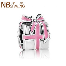 NBSAMENG 1pc Pink Glaze Gift Box Silver Bead Charm All Wrapped Up in Charm Bead Fit