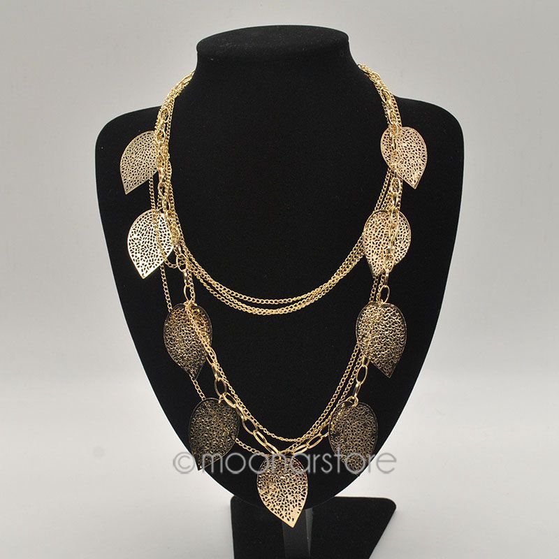 2015 Fashion Multi Layer Necklace Gold Leaf Bohemia Statement Charm Choker Necklaces 925 Sterling Silver Jewelry