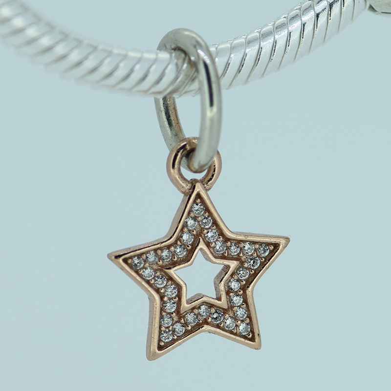 Fits Pandora Bracelet 925 Sterling Silver Rose Gold Plated Five Point Star CZ Charm DIY Gift