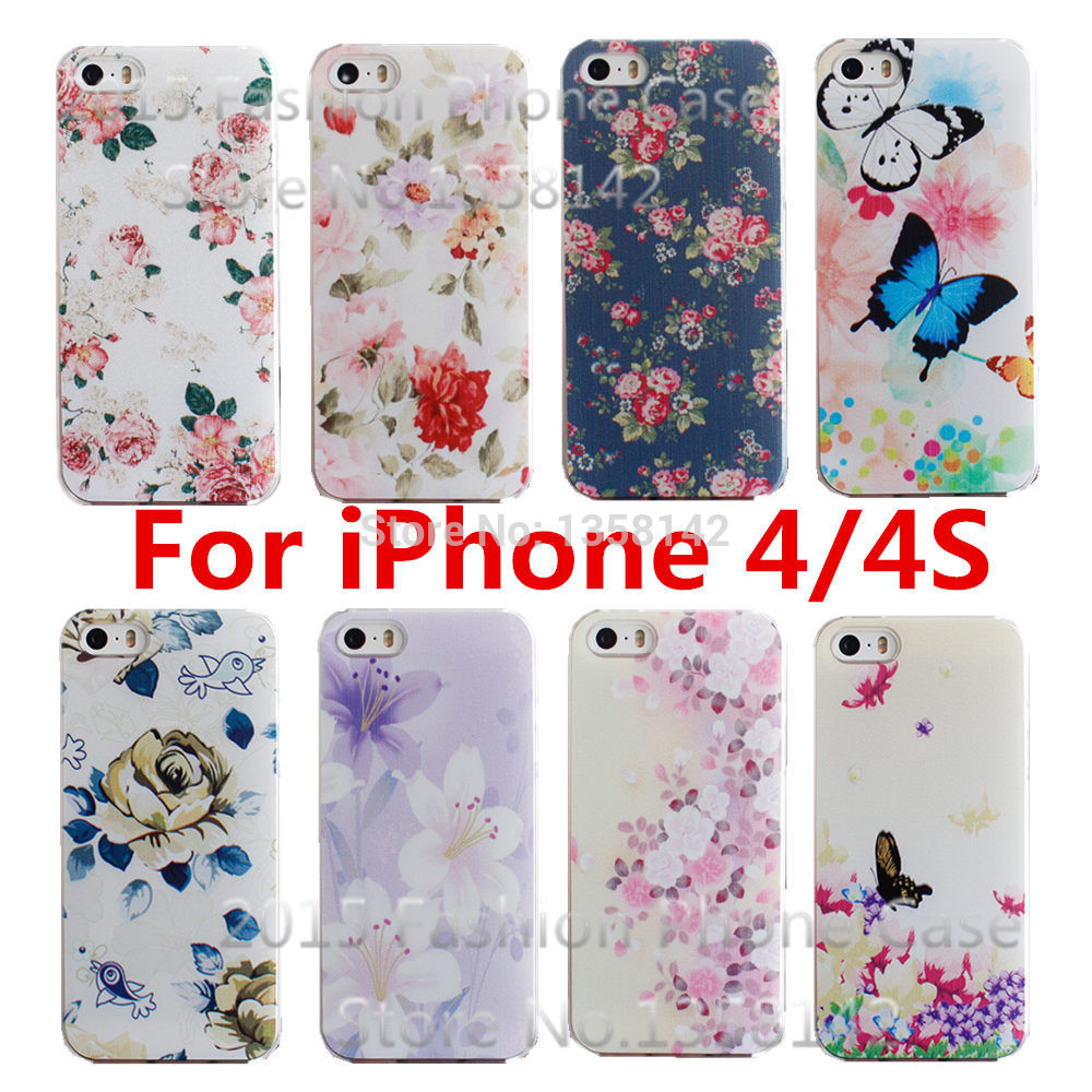 2015 New Arrive Flower 17 Design Painted Black Cover Case For Apple i Phone iPhone 4