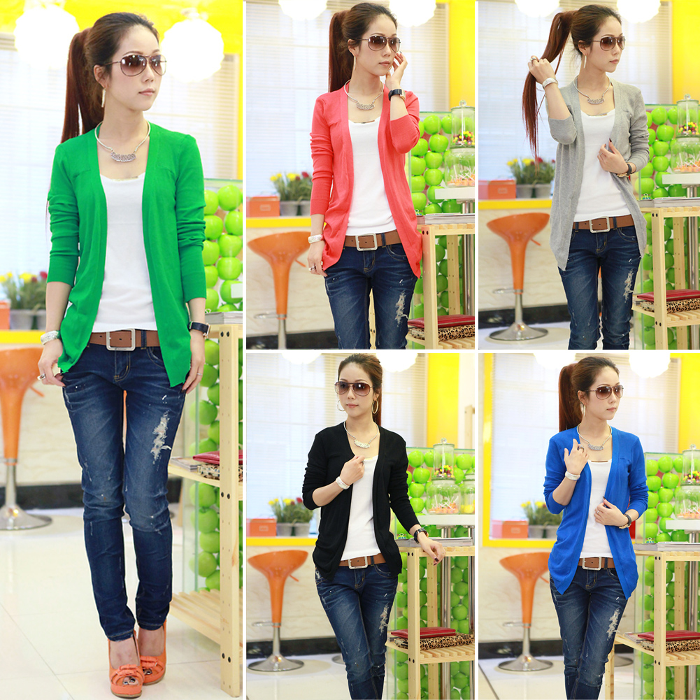 Women Irregular Hem Long Sleeve Cardigan Knit Sweater Shirt Candy Colors Tops Free shipping