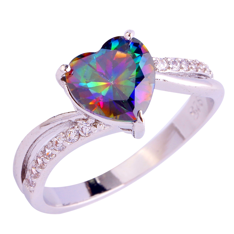 Eagagement Jewelry Heart Cut Rainbow Sapphire 925 Silver Ring Size 6 7 8 9 10 11