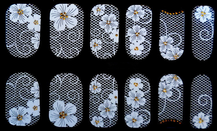 Nail Polish Stickers Wraps Art Decorations Cute White Lace Flowers Gold Rhinestones Design Adhesive Minx Beauty