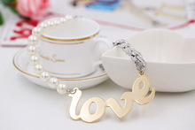 Free Shipping Statement Chocker Necklace Half Chain Half Pearl Plated L O V E Pendant love