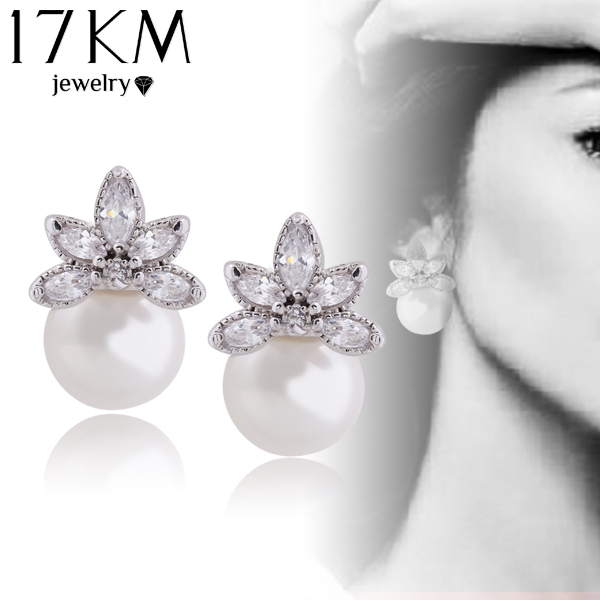 17KM Luxury Flower Plating Silver Earrings Crystal Charm Pearl Earring Bijoux Fine Statement Jewlery For Women