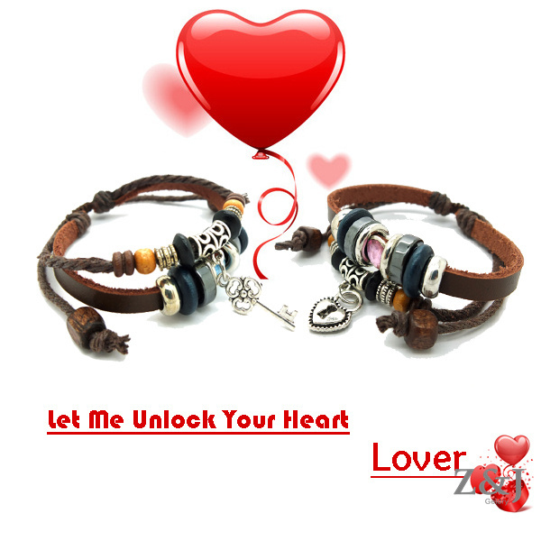 43 OFF 2015Lover s Bracelets Love Heart Lock Key Genuine Leahter bracelets Vintage Nanural Stone Wood