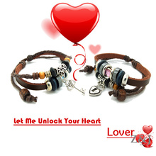 [2015 Lover’s Bracelets] Love Heart Lock&Key Genuine Leahter bracelets Vintage Nanural Stone Wood Bead valentine’s day gift
