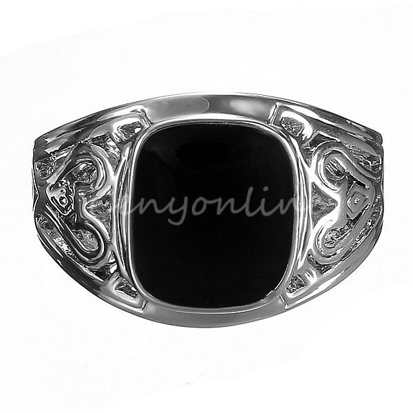 New Arrival Noble Fashion Men Black Square Onyx Silver Stainless Steel Fancy Finger Ring Punk Jewelry