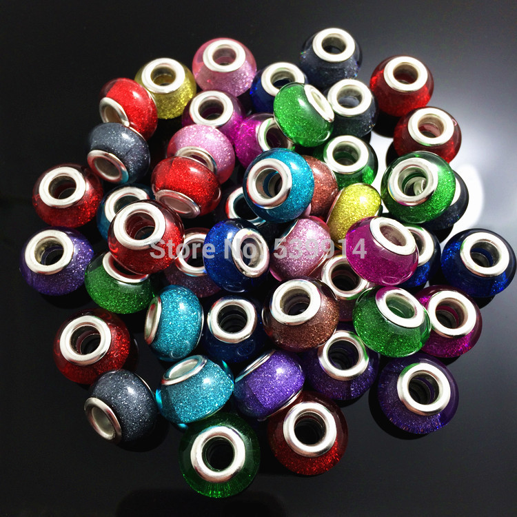 Free Shipping 14MM Mixed Colorful Glitter Powder Big Hole Beads Charms Fit Pandora Jewelry Bracelet Findings