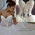 Vestido de Casamento Real Sample Luxury Pearls Wedding Dresses Ball Gown 2015 Bridal Gowns Tulle Lace