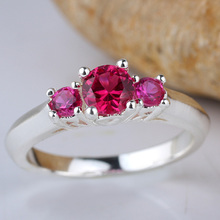 Magnificent Women 3-stone Red Ruby Simulated Diamonds Silver 925 Ring Custom Sizes Engaving Service Gift for Wife R134