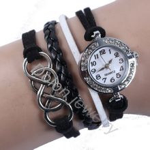 New Fashion Leather Strap Silver Metal Double Infinity Bow Bracelet Watches Crystal Wristwatch for Women Men