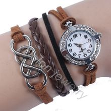 New Fashion Leather Strap Silver Metal Double Infinity Bow Bracelet Watches Crystal Wristwatch for Women Men