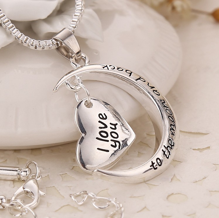 I Love You To The Moon And Back Necklace Moon And Heart Necklace Letters Necklace Couple