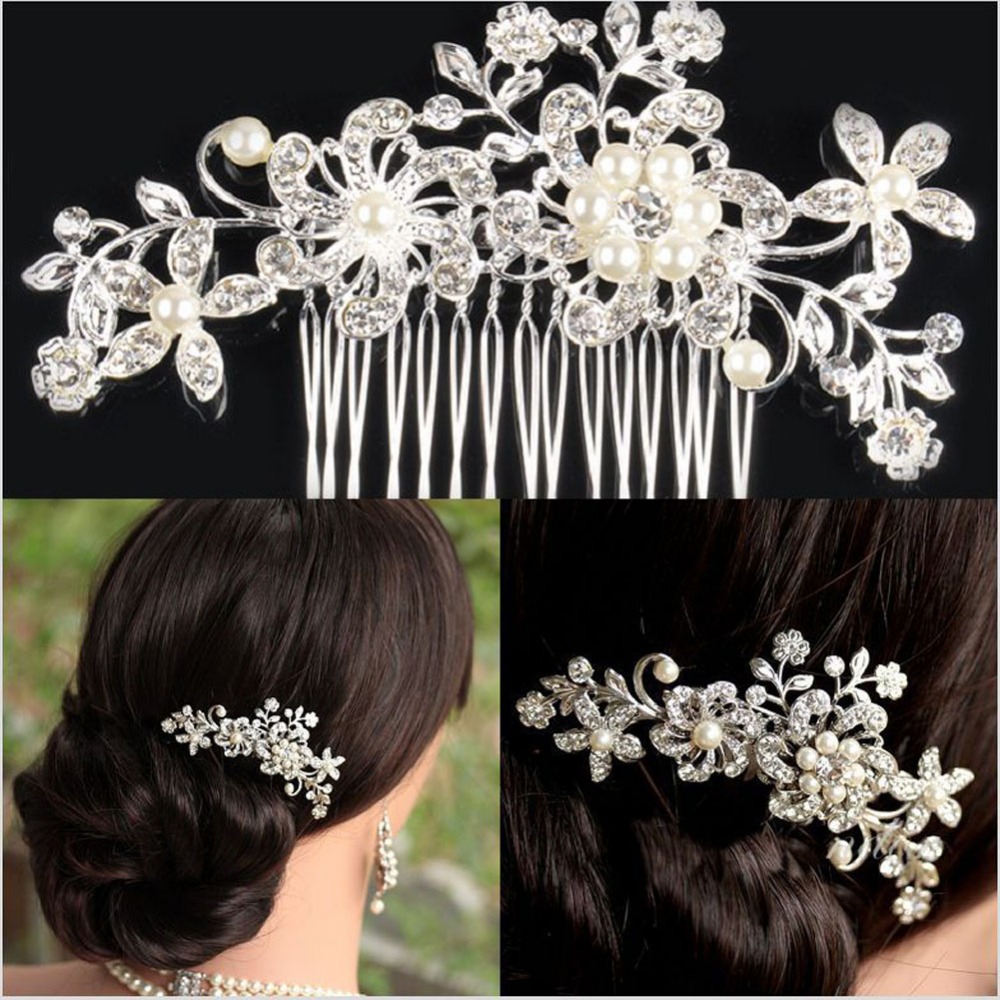 EA14 Bridal Wedding Flower Crystal Rhinestone Hair Clip Comb Pin Diamante Silver 